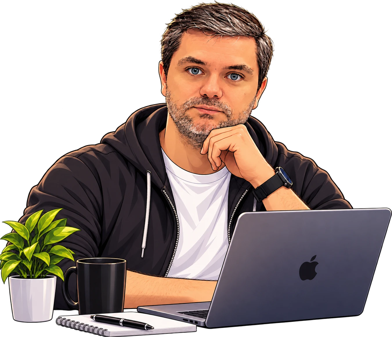Alex at a desk with a MacBook, a mug and a plant